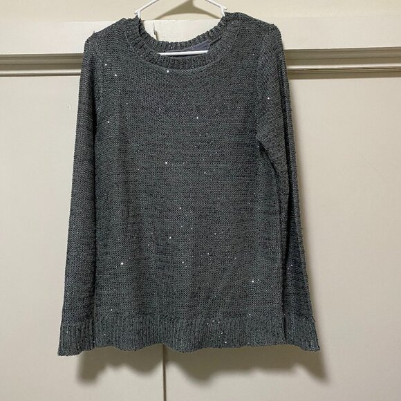 Silver/gray sweater w/sequins & back tie w/semi-sheer material, size L/XL - Picture 1 of 9